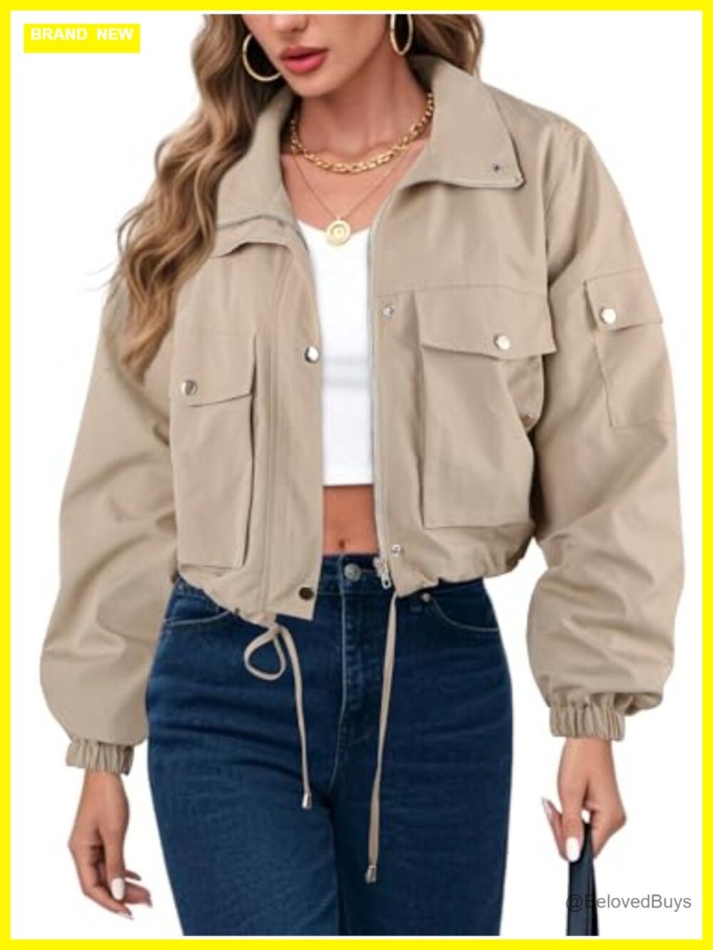 Womens Lightweight Cropped Bomber Jacket With Pockets - Picture 4 of 6